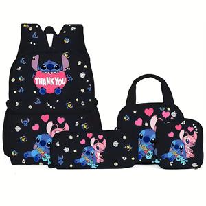 Set Ransel Sekolah Stitch Baru, Tas Selempang Travel Trendy Kapasitas Besar Gaya Anime Stitch 4pcs/set untuk Anak-anak - Product Image 6
