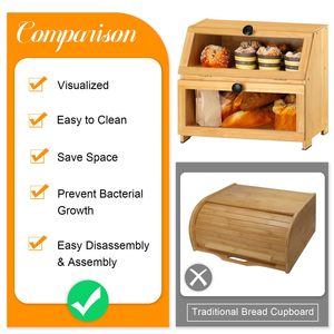 กล่องขนมปังไม้ไผ่สองชั้นพร้อมประตูกระจกสำหรับเก็บอาหารในครัว - Product Image 4