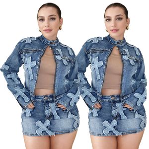 2024 blu Denim Damen Casual estivo streetweet Sexy Zweiteiliges con scollo a V Langarm-Jack <span class=keywords><strong>Minirock</strong></span> Reibverschluss chiusura - Product Image 2