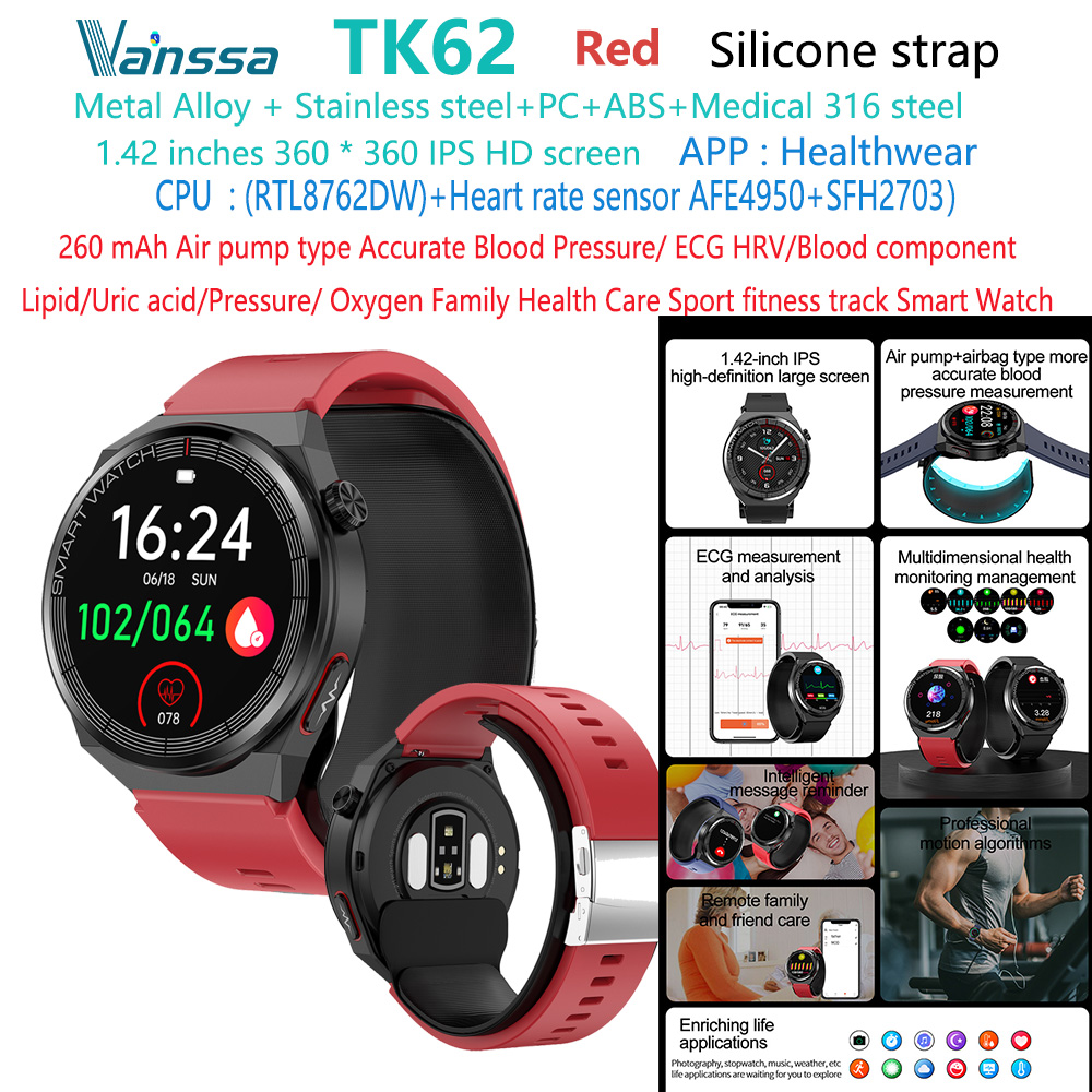 Montre intelligente rouge TK62-tension artérielle-ECG-santé
