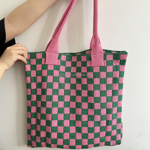 Bolso de punto informal a cuadros rosa y verde para mujer, a la <span class=keywords><strong>moda</strong></span> para todas las estaciones, bolsos de compras a cuadros, bolsos de hombro - Product Image 2