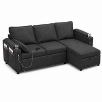Modernes L-förmiges Schlafsofa mit verstecktem Stauraum, Chaiselongue mit seitlichen Aufbewahrungstaschen, zwei Getränkehaltern und USB-Ladeanschluss für das Wohnzimmer