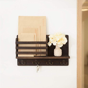 Porte-lettres <span class=keywords><strong>mural</strong></span> en bois avec 4 crochets doubles et une étagère flottante - Product Image 2