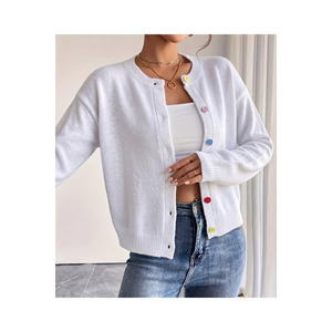 Cardigan en tricot basique boutonné blanc, taille standard S M L XL, vêtements pour femmes - Product Image 1