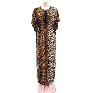 时尚休闲风格圆领冰丝短袖民间图形绒球非洲女性Abaya豹纹卡夫坦连衣裙