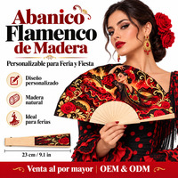 Éventail en bois Flamenco Rose 23 cm Premium Abanicos De Madera Spanish Verbena Andaluza Éventail à main en bois Cadeau