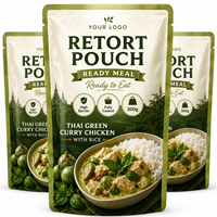 Sachet rétractable imprimé sur mesure à trois soudures, haute barrière, en feuille d'aluminium, pour emballage à 121 degrés, pour plats prêts poulet au curry vert thaïlandais