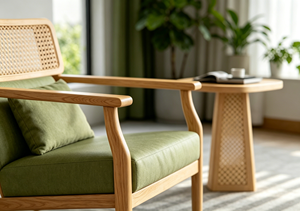 Chaise de salon scandinave en bois avec assise rembourrée verte et dossier en rotin, mobilier moderne pour la maison - Product Image 4