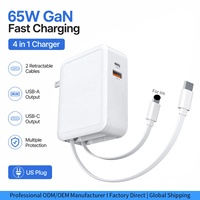Chargeur mural GaN 65W 40W en promotion, chargeur rapide 4-en-1 avec câble USB-C rétractable, bloc de chargeur avec prises US/EU/AU/UK/JP pour iPhone 15/16/17