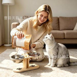 Comedero doble de madera para gatos con soporte, protector de cuello de acero inoxidable, soporte para cuencos de comida para mascotas, comedero para gatos, antideslizante - Product Image 3