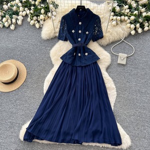 Robe plissée élégante chic française de qualité supérieure, couleur personnalisée, avec empiècements en dentelle, pour femmes - Product Image 4