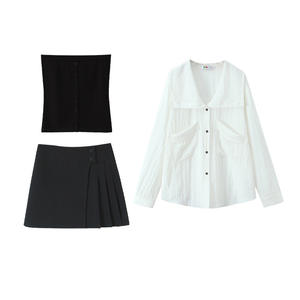 ชุดเสื้อเชิ้ตสีขาวกระโปรงสีดำสำหรับผู้หญิงไซส์ใหญ่ รุ่น Runqi ผ้าอ๊อกซ์ฟอร์ด สีพื้น มีกระเป๋าและป้าย - Product Image 1