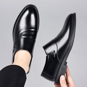 Chaussures en cuir à enfiler pour hommes, bout pointu, noires, mocassins formels d'affaires, talon bas, chaussures décontractées tendance, fermeture à enfiler - Product Image 3