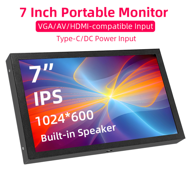 7 Inch Portable Monitor 1024x600 IPS LCD -compatible VGA AV Input DC Type C Power Built-in Speaker Screen PC Laptop Camera