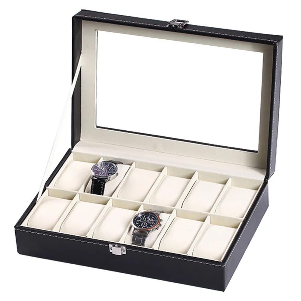 Caja de almacenamiento para reloj, estuche de cuero pu de lujo con logotipo personalizado, 6, 12 y 24 ranuras, embalaje de regalo, correa, color negro