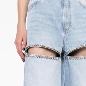 Nouveau design 2025 – Jean baggy personnalisé avec logo, taille haute, strass, coupe droite, jambe large, pantalon bleu avec surpiqûres - Product Image 2