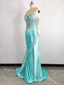 <span class=keywords><strong>Abito</strong></span> da ballo personalizzato blu chiaro con scollo a V con perline di cristallo a sirena formale da sera con spacco <span class=keywords><strong>lungo</strong></span> satinato per le donne - Product Image 3