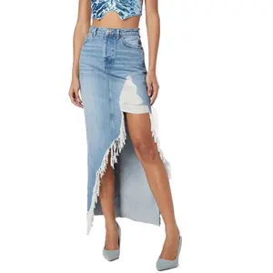 Custom Denim Rok Vrouwen Hoge Taille Maxi Denim Rok Asymmetrische High Street Lange Jeans Rok Mode