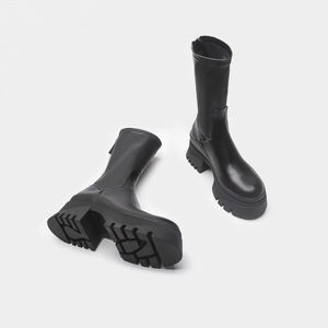 Botas Para Mujer Fashion Chunky Heel Platform Bootie Shoes Black Leather Ankle <b>Boots</b> - Product Image 2