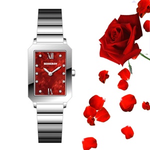 Montre à quartz pour femme, mini logo personnalisé, luxe, cadran carré rouge, acier inoxydable, bracelet en cuir, mouvement japonais, tendance, affaires - Product Image 1