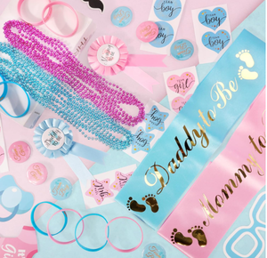Colliers, bracelets, écussons, badges, sérpillières, accessoires photo et décorations pour fête de révélation du sexe (Équipe Garçon ou Fille) - Product Image 2