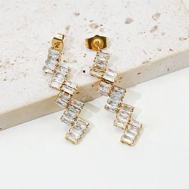 Fashion Luxury Cubic Zirconia Stainless Steel Long Drop Cluster Jewelry Earrings For Women