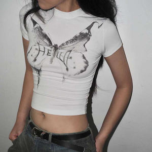 Camiseta Corta de Verano Informal Elástica de Punto con Estampado de Mariposas Y2K, Transpirable, con Contraste de Color - Product Image 2