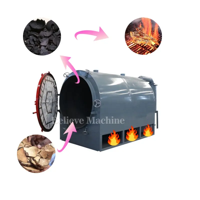 Máquina de fabricación de carbón de cáscara de coco de madera horizontal de alta calidad, línea de producción, horno de carbonización con sistema de refrigeración