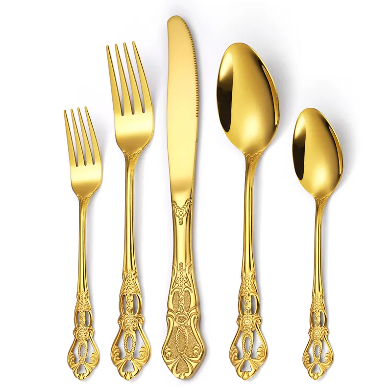 Hollow-carved design stainless steel silverware set knife fork spoon antique baroque gold flatware set