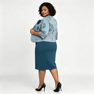 Ensemble deux pièces formel pour femmes grandes tailles, veste à appliques florales peintes avec robe longue jusqu'aux genoux, élégant costume d'automne pour l'église - Product Image 2