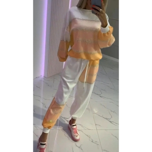 Conjunto de 2 Piezas para Mujer, Estilo Delgado, Tela Ligeramente Transparente, Top Casual de Verano con Rayas, Pantalones con Cordón Ajustable, a la Moda - Product Image 1