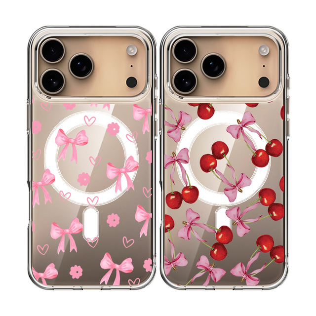 Cherry Bow Love Heart Leopard Print Flower Clear Magnetic Hard PC+TPU Shockproof Dirt-resistant Lightweight UV Mobile Phone Case