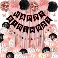 Kit de ballons d'anniversaire personnalisés or rose avec autocollants papillons, rideau à franges, bannière Joyeux Anniversaire, points circulaires et fournitures de fête