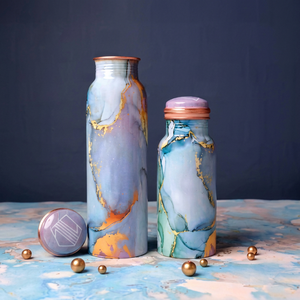 Juego de botellas de agua de cobre con efecto mármol y patrón artístico de piedra, reutilizables para oficina, viajes, cocina y uso diario. - Product Image 1