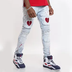 Botões jeans masculinos com bolso zíper, novo calça jeans personalizada azul escuro, masculina, com estampa vermelha