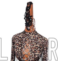 Robe de danse latine pour femmes, imprimé léopard, manches longues, jupe à franges en strass, costume de performance pour compétition de danse de salon