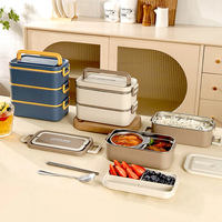 Boîte à bento FTS en plastique japonaise personnalisée, ensemble en acier inoxydable 304, boîte à lunch isotherme portable pour adultes à 3 niveaux