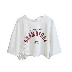 Camiseta Corta de Verano 2025 para Mujer, Anti-Pilling, Manga Corta con Volantes, Poliéster/Algodón, Informal, de Punto, con Cordón Ajustable - Product Image 4