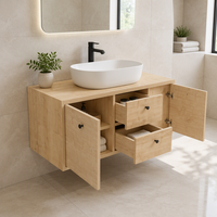 Meuble-lavabo mural moderne pour salle de bain, finition grain de bois, double porte, deux tiroirs, compatible avec lavabo sur pied, mobilier OEM personnalisé