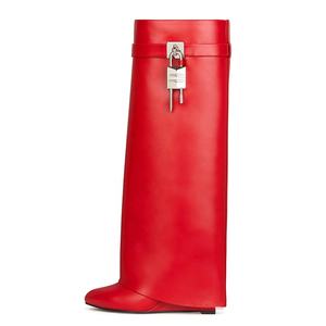 Kat uzun patik yumuşak yerleşimi Slip-on kama topuk ayakkabı kadın diz yüksek çizmeler Metal köpekbalığı kilidi boyutu 43 - Product Image 6