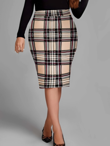 Falda Maxi Ajustada de Poliéster con Estampado a Cuadros Vintage de Talla Grande - Falda Lápiz Elástica para Primavera - Product Image 1