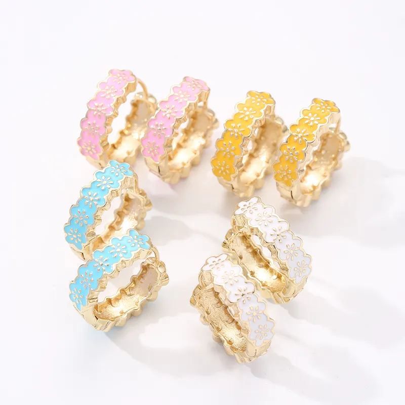 Girls Colorful Brass Enamel Earrings Korean Style Huggie Hoop Earrings Gold Plated Luxury Earrings