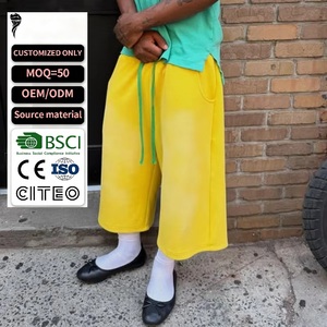 Yellow Cotton Men's Capri <b>Shorts</b> With Pockets Drawstring Waist Casual Breathable Streetwear <b>Sweatpants</b> Mid Rise Knitted Fabric - Product Image 1