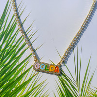 Collier pendentif QIUHAN avec chaîne tennis pavée et zircon 5A, personnalisable avec nom en émail arc-en-ciel