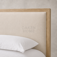 Lit de chambre OAKEN haut de gamme en bois massif, finition sablée sur mesure, lit moderne avec panneaux en tissu français, mobilier de maison