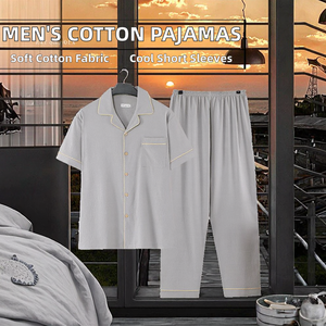 Pyjama Homme Tendance à Col Rabattu, Manches Courtes, Pantalon Tricoté, Ensemble 2 Pièces en Coton Fin et Doux pour l'Été, Tenue d'Intérieur - Product Image 2