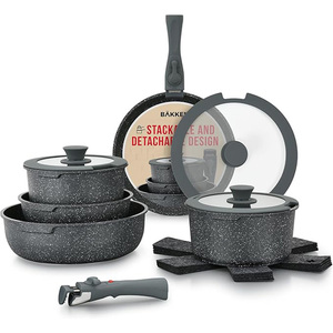 Juegos de utensilios de cocina de granito negro Antiadherente al mejor precio, venta al por mayor de fábrica, ollas y <span class=keywords><strong>sartenes</strong></span> de inducción de 15 piezas con asas - Product Image 1