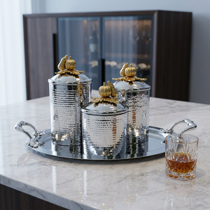 Hand Hammered Stainless Steel <b>Canister</b> <b>Set</b> with Tray Kitchen Storage Jars Decorative Container <b>Set</b> with Gold Pumpkin Lid Knobs - Product Image 1