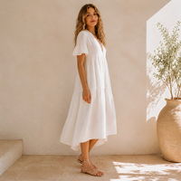 Robe longue blanche d'été pour femme, sur mesure, élégante, à col en V, manches courtes, style bohème décontracté, pour la plage, vente en gros
