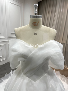 Gaun pengantin putih tanpa bahu dengan rok Tule tipis pita Organza depan silang dan gaun pengantin romantis - Product Image 3